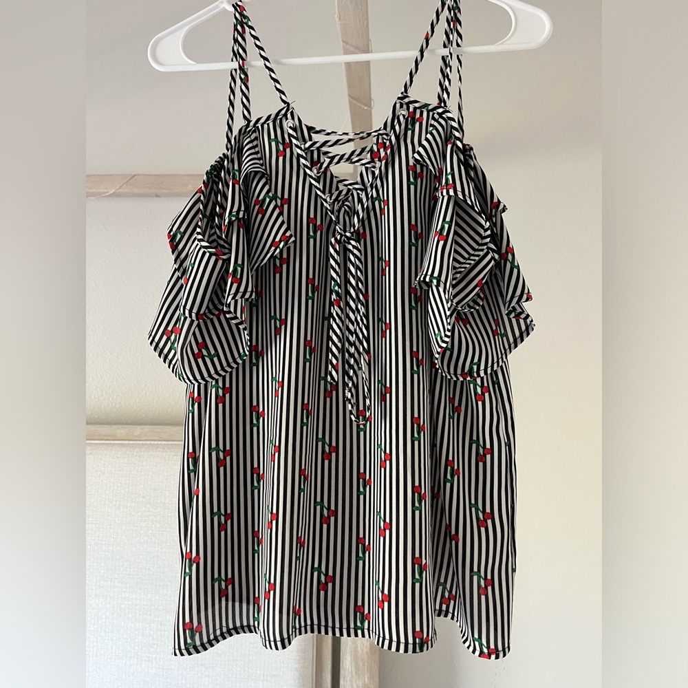 Lily White Striped Cherry Off the Shoulder Tank Top